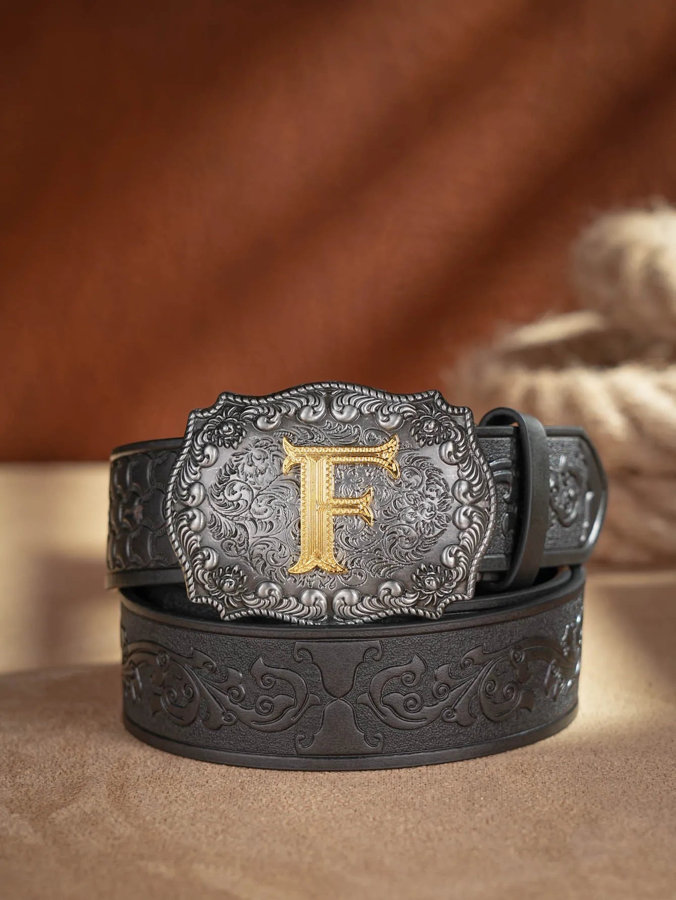 Western Cowboy PU Leather Belt  Waist Strap Bull Decoration Floral Engraved for Jeans