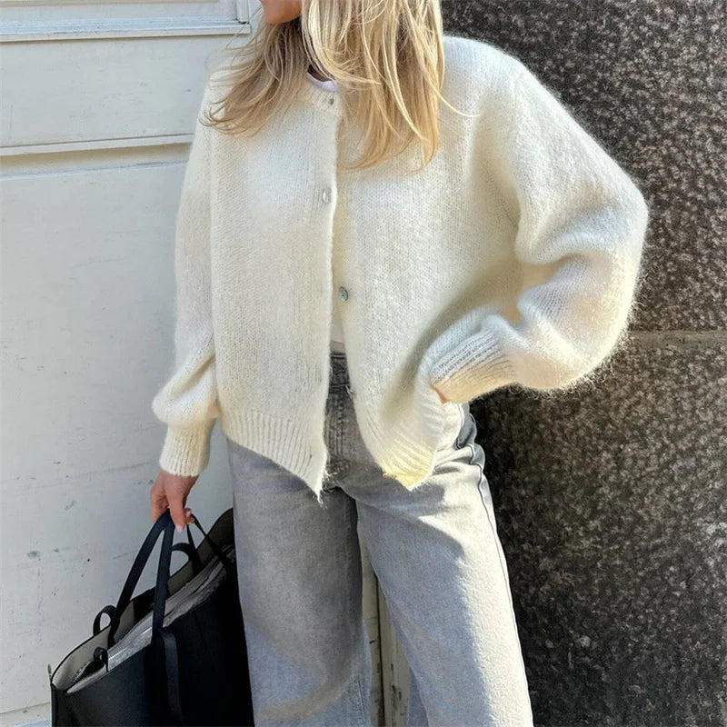 Sweaters  Women Solid Color Round Neck Single Breasted Long Sleeve Cardigan Tops Warm Knitwear Streetwear