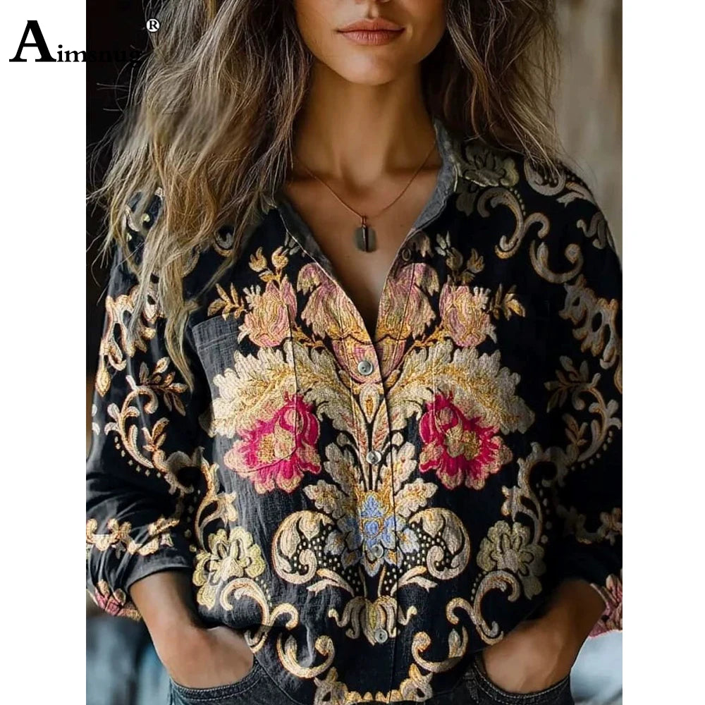 European Style  Women Long Sleeve Basic Shirts New Casual Beach Tops Blouse Ladies Bohemian Flower Print shirt