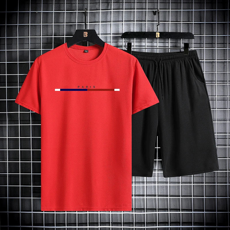 Summer men's short sleeved shorts set with round neck quick drying sports T-shirt thin breathable running sportswear