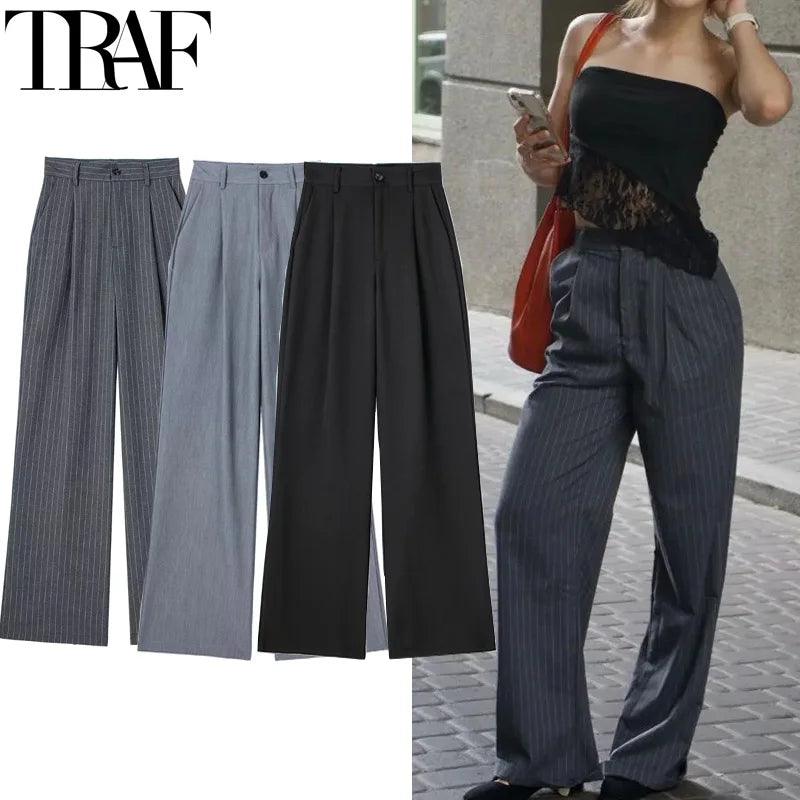 Women's Formal Pants Office Wear Women Striped Grey Black Cream Pants Woman High Waist Suit Pants Casual Wide Leg Trousers