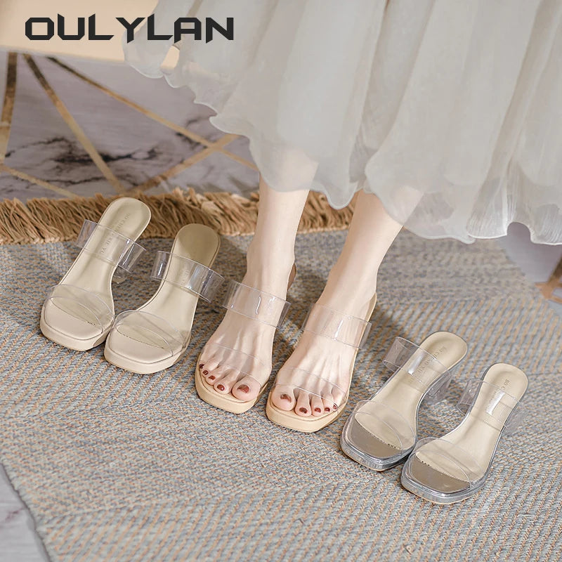 Summer Sexy Shoes Sheepskin Transparent High Heels Sandals for Outdoor Crystal Thick Heels