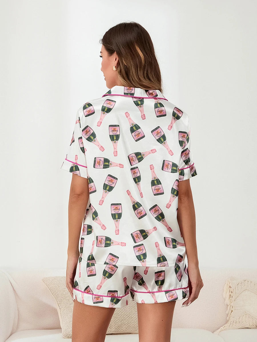 Women s 2 Piece Pajama Set V-Neck Short Sleeve Button Down Tops Drawstring Waist Shorts Sleepwear