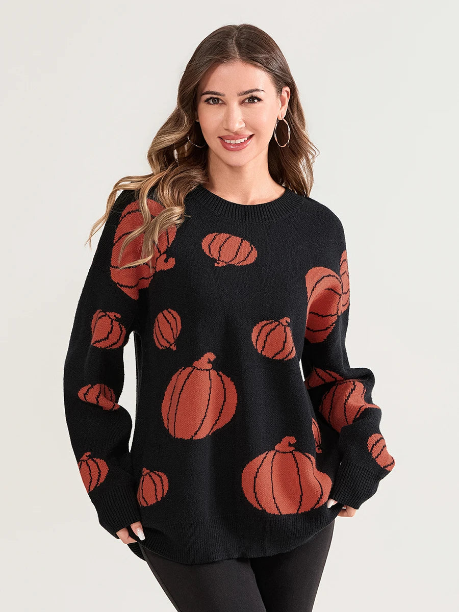 Women Halloween Knit Sweater Long Sleeve Round Neck Pullovers Fall Winter Casual with Spooky Vibes