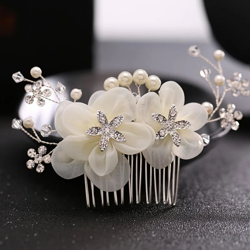 Hair Comb Flower Hair Ornaments Hair Comb Pearl Rhinestone Headpiece For Women Girls Headdress Floral Jewelry