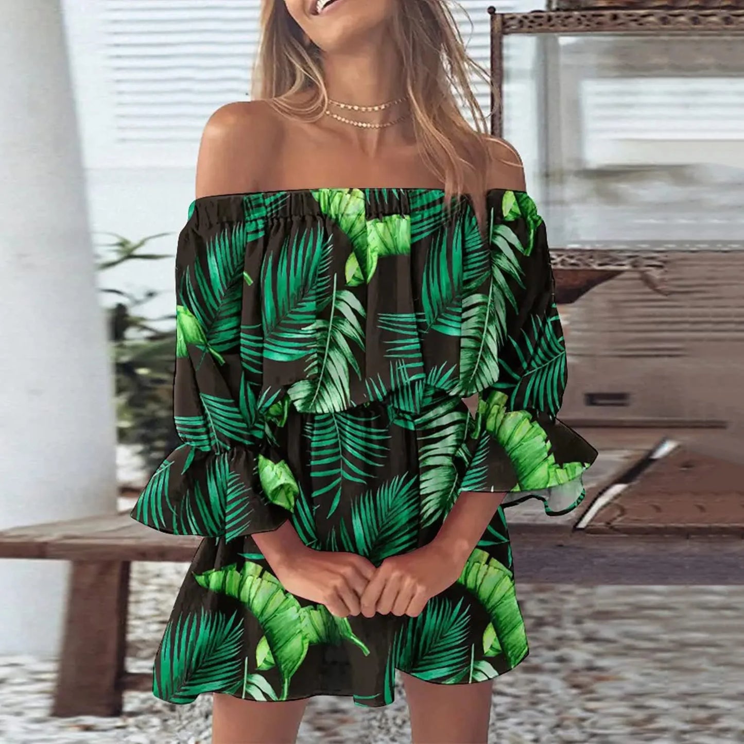 Summer Sexy Off Shoulder Party Dress Women Sexy Print Tunic Sundresses Casual Loose Fit Bell Sleeve Mini Dress
