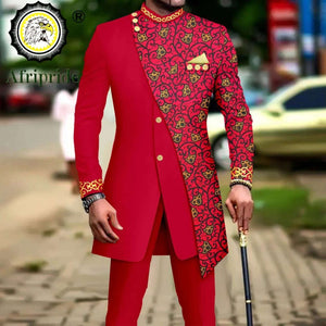 African Style Suits for Men Embroidery Print Blazer and Pants Set Business Dress Suit with Kerchief Party Wedding Evening