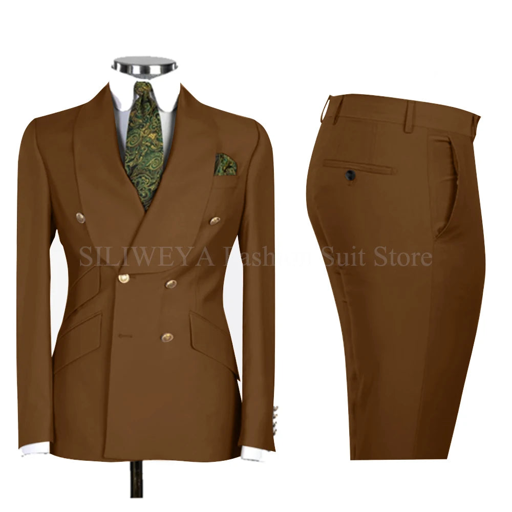 Gold Men Business Casual Men's Suits Jacket Pants Set Male Blazer Coat Pants 2PCS Slim Fit Suits