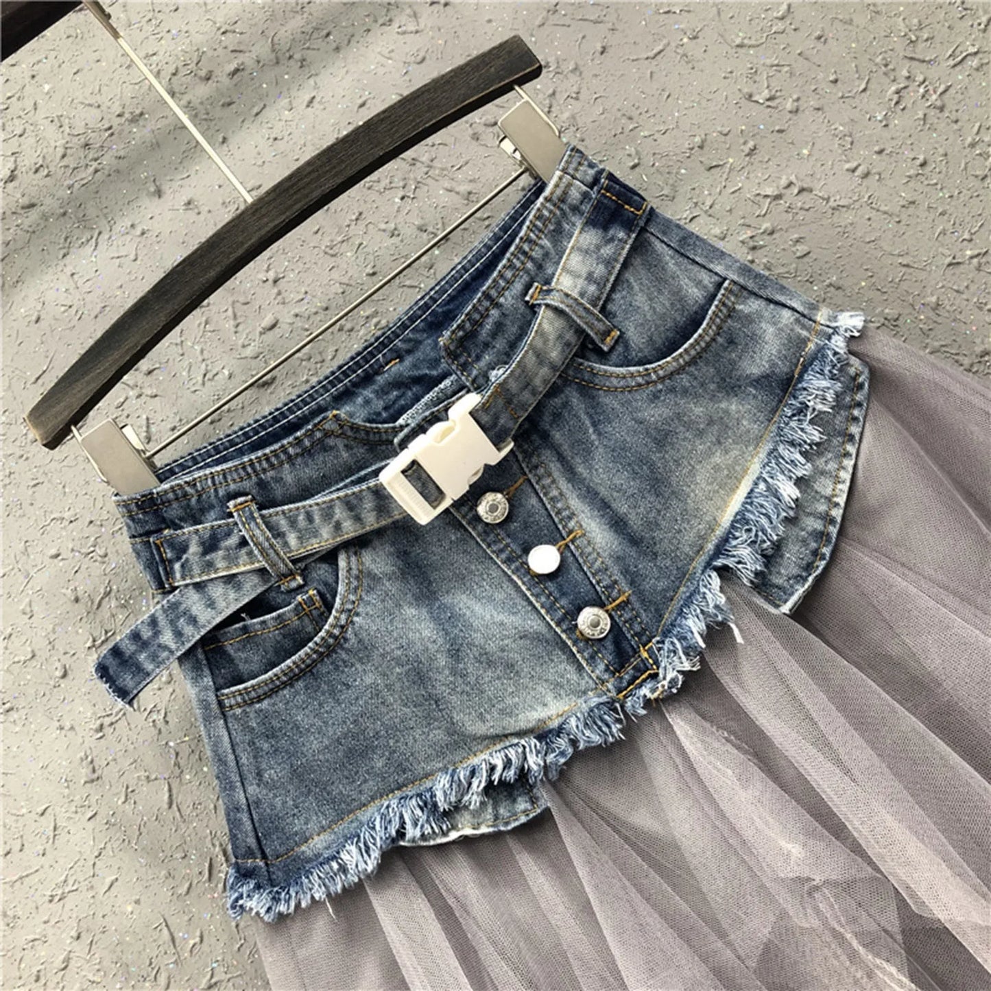 Skirt Women Aesthetic High Waist Denim Tulle Skirt Irregular Hem Belted Button Down Raw Edge A-Line Pleated Skirt