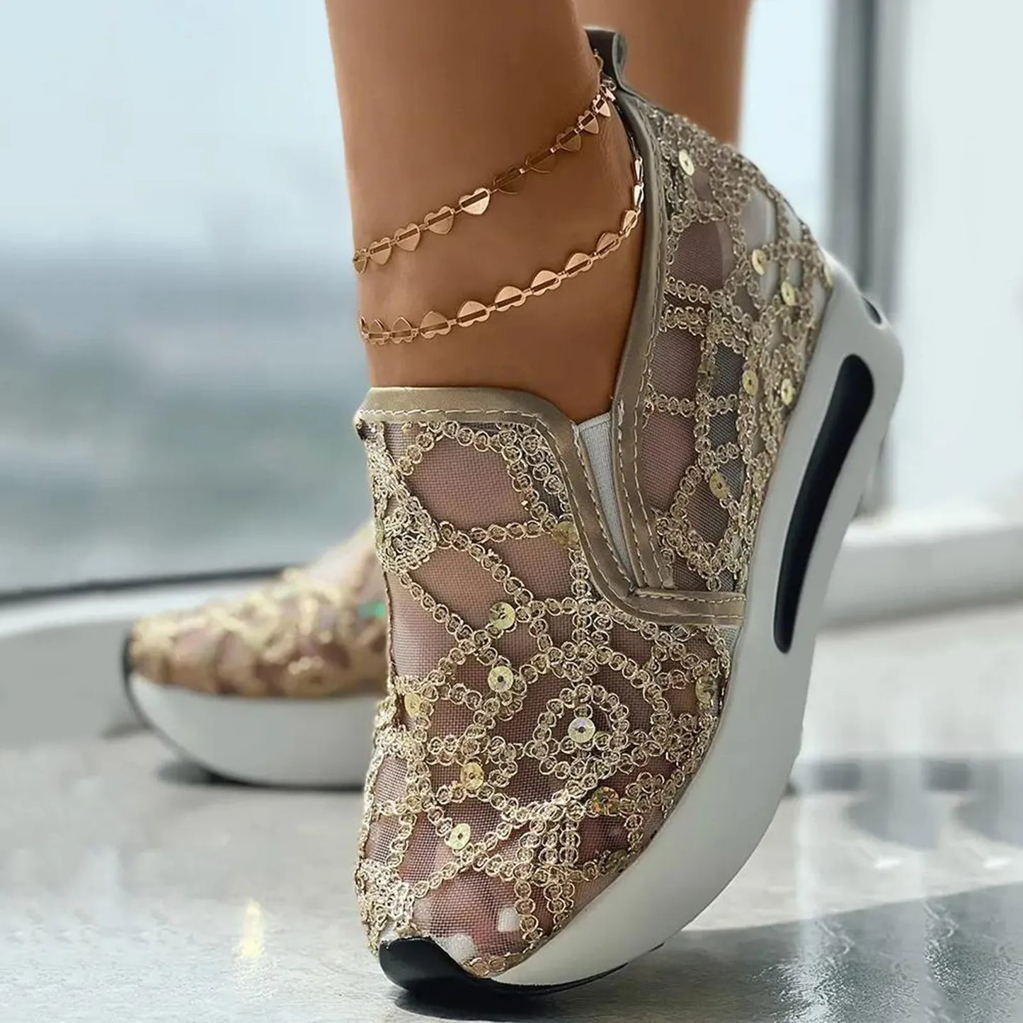 Ladies Breathable Knitted Mesh Sneakers Women's Tennis Shoes Pointed Flat Bottomed Single Shoes Female Sneakers