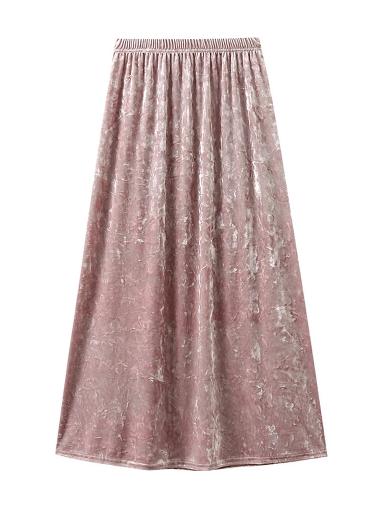 Elegant Velvet Party Women's Skirt Elastic High Waist A-line  Loose Long