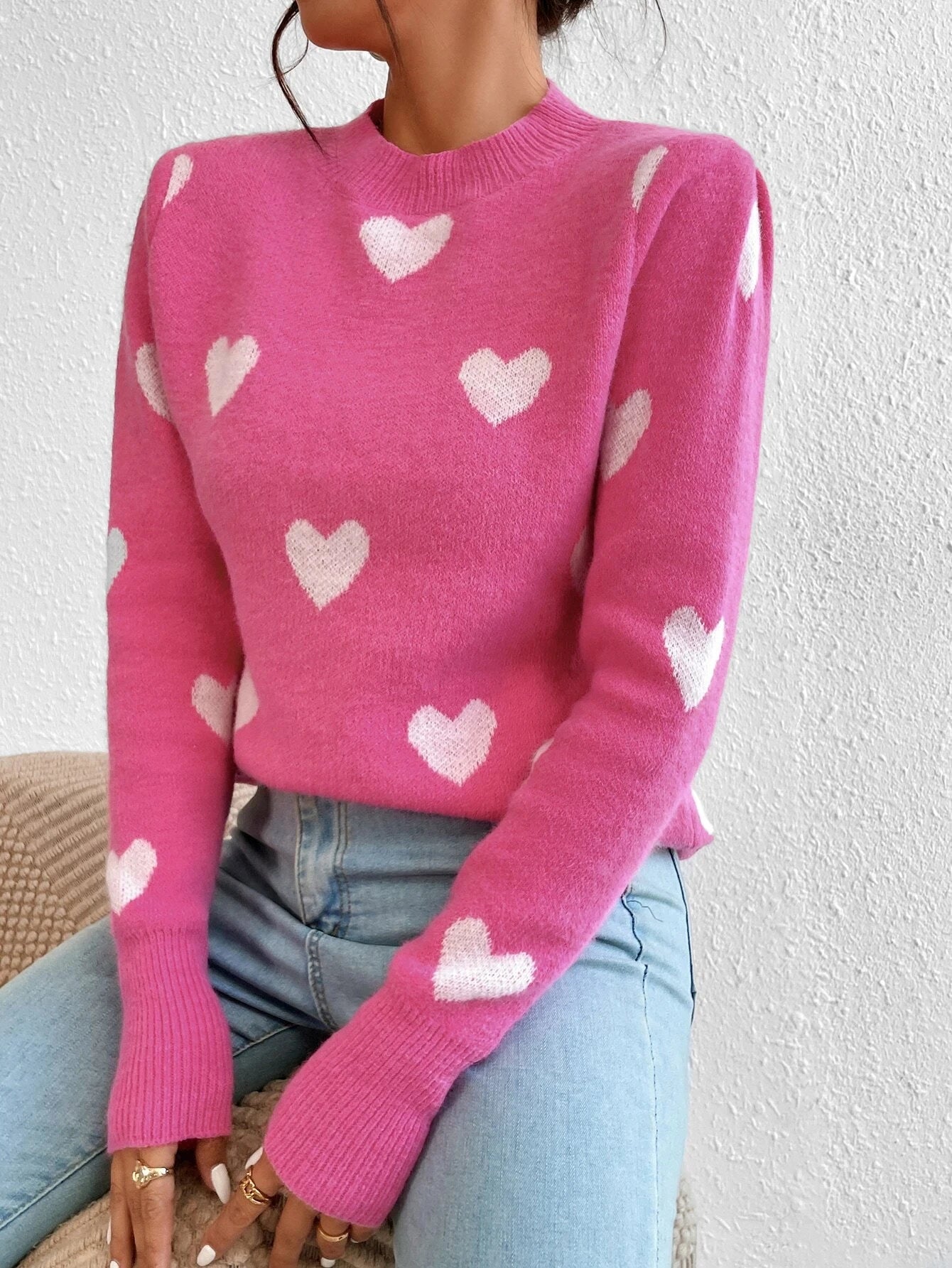 Women's Chic Blue Heart Pattern Crew Neck Sweater - Cozy Long Sleeve Knit Pullover, Soft Acrylic/Nylon Blend