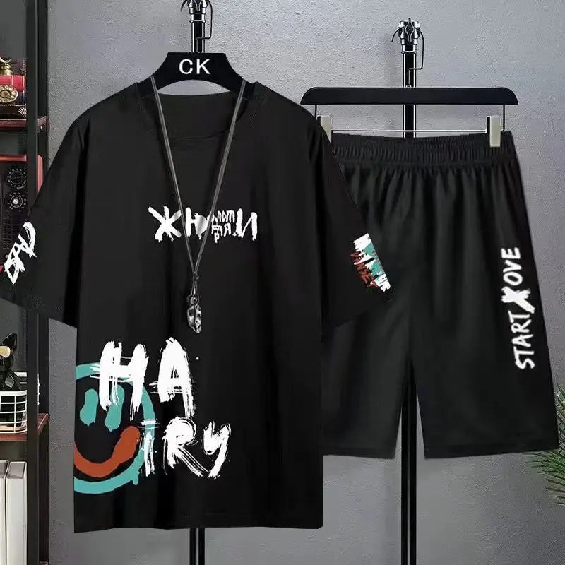 Men's Sets Summer Fashion T Shirts Casual Polyester Gradient Shorts Set Men's Sporty Two-piece Outfit Basketball Tracksuits