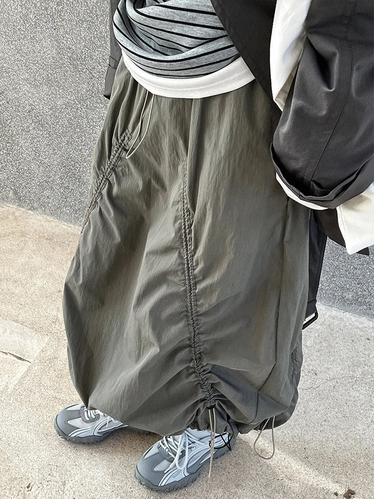 Elastic Waist Drawstring Army Green Color Loose A Line Skirt