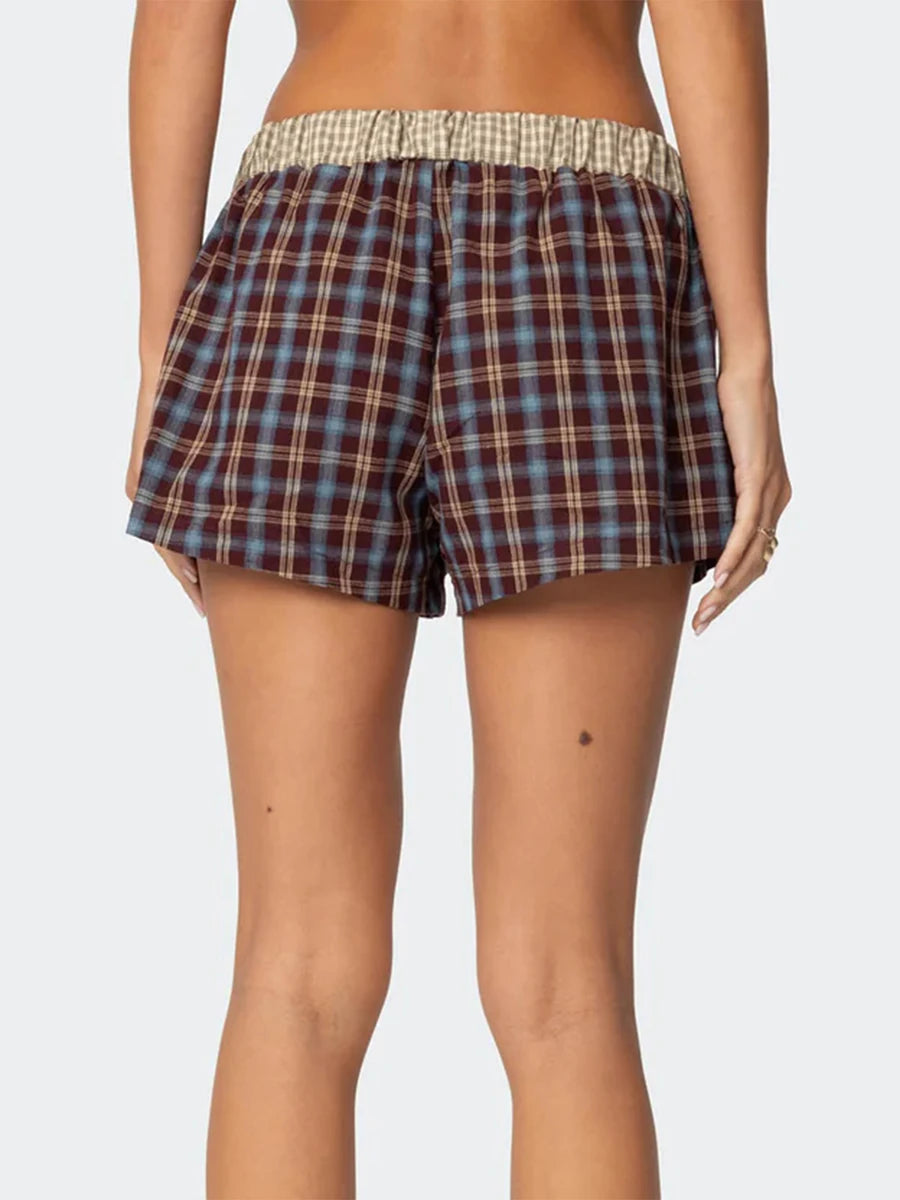Women s Plaid Print Boxer Shorts with Pockets and Elastic Waistband Comfortable Lounge Shorts for Relaxing at Home