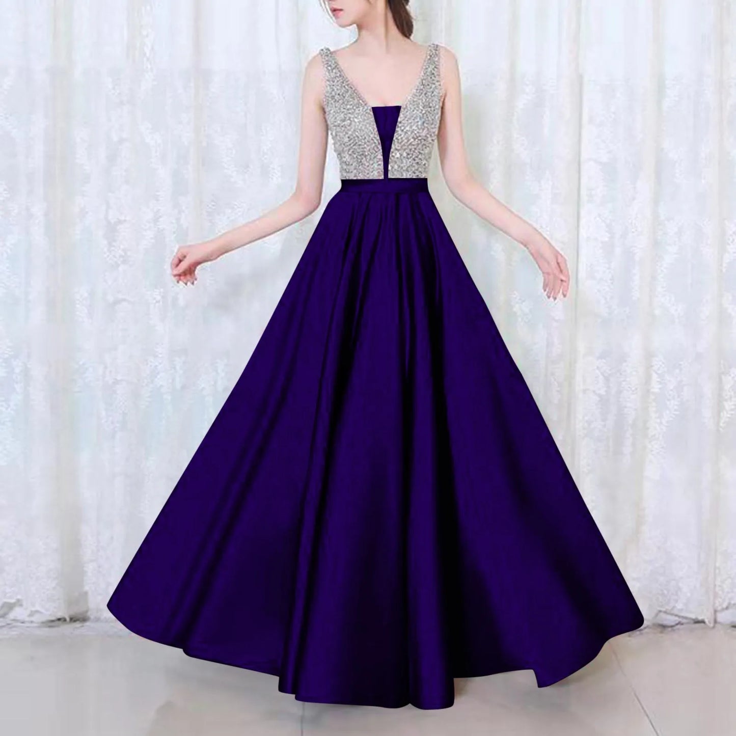 Fashion Sexy V-neck Sequin Evening Dress Women's Elegant Sleeveless High Waist Swing Hem Sparkly Dress Female Prom Dresses