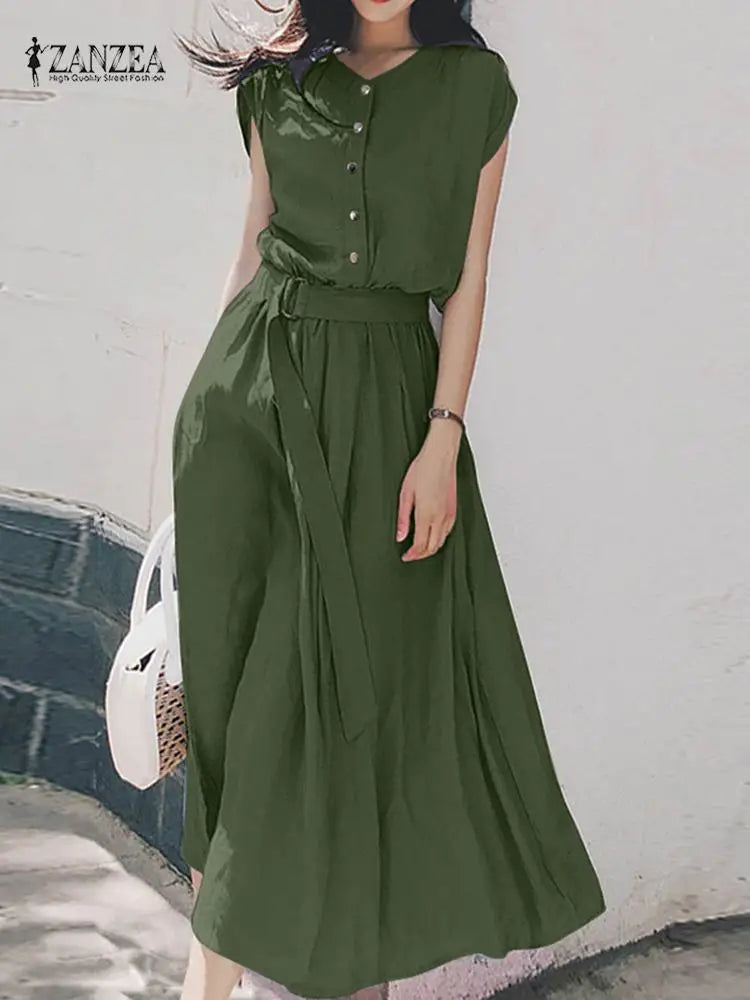 Women's Fashion Short Sleeve Dress Summer Elegant Party  Casual Mid-calf Sundress  Vintage