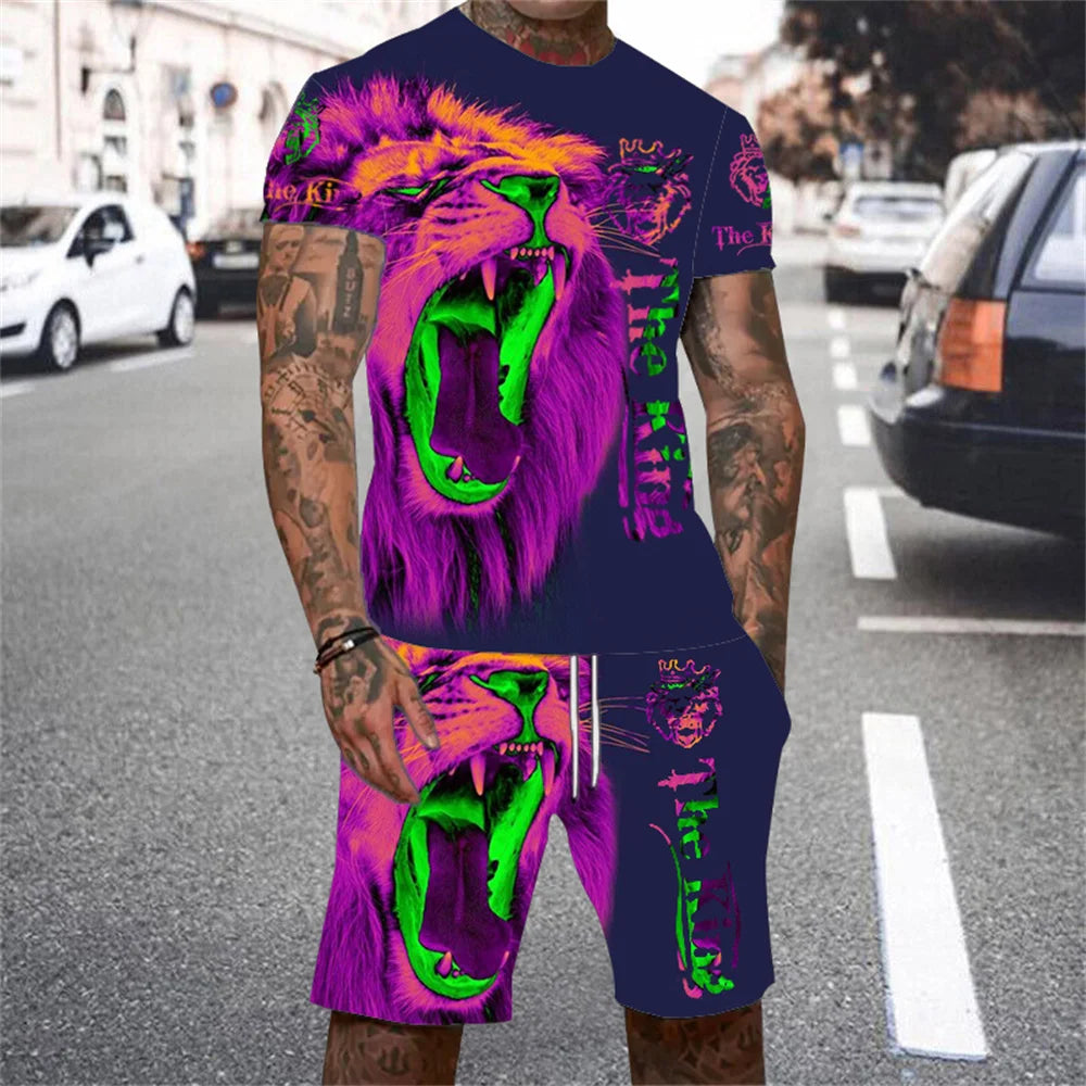 American fashion brand sports short sleeved shirt quick drying men's set summer new loose digital print set soft