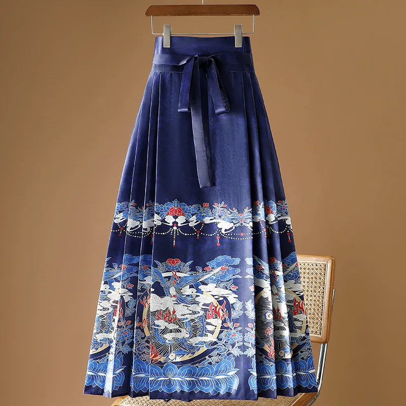 Vintage Maxi Chinese Style Horse Face Skirts  Pleated