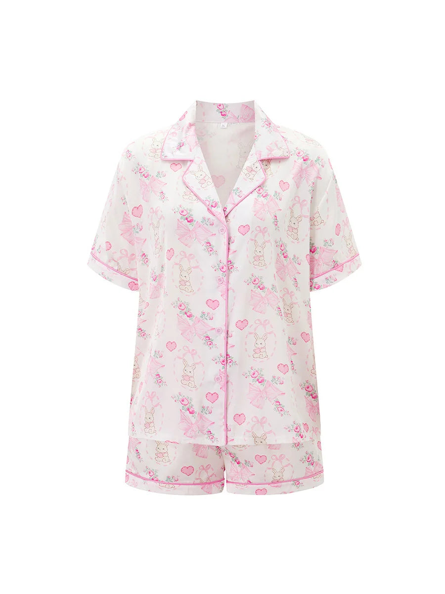 Women s Pajama Set with Cute Bunny Print Short Sleeve Button-up Top and Shorts 2 Piece Lounge Outfit