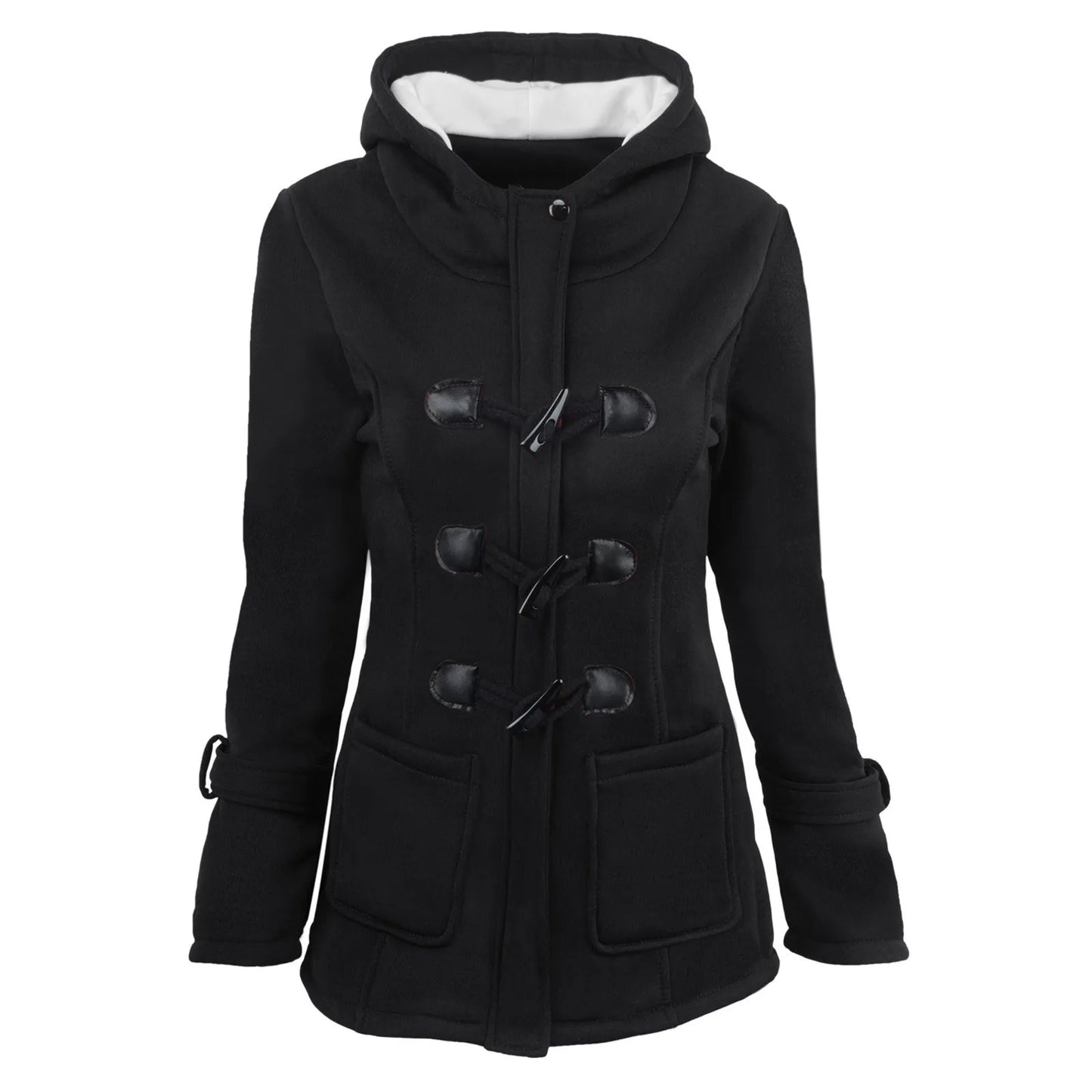 Padded Women Solid Color Hooded Overcoat  Horn Buttons Warm Cardigan Overcoat Jacket