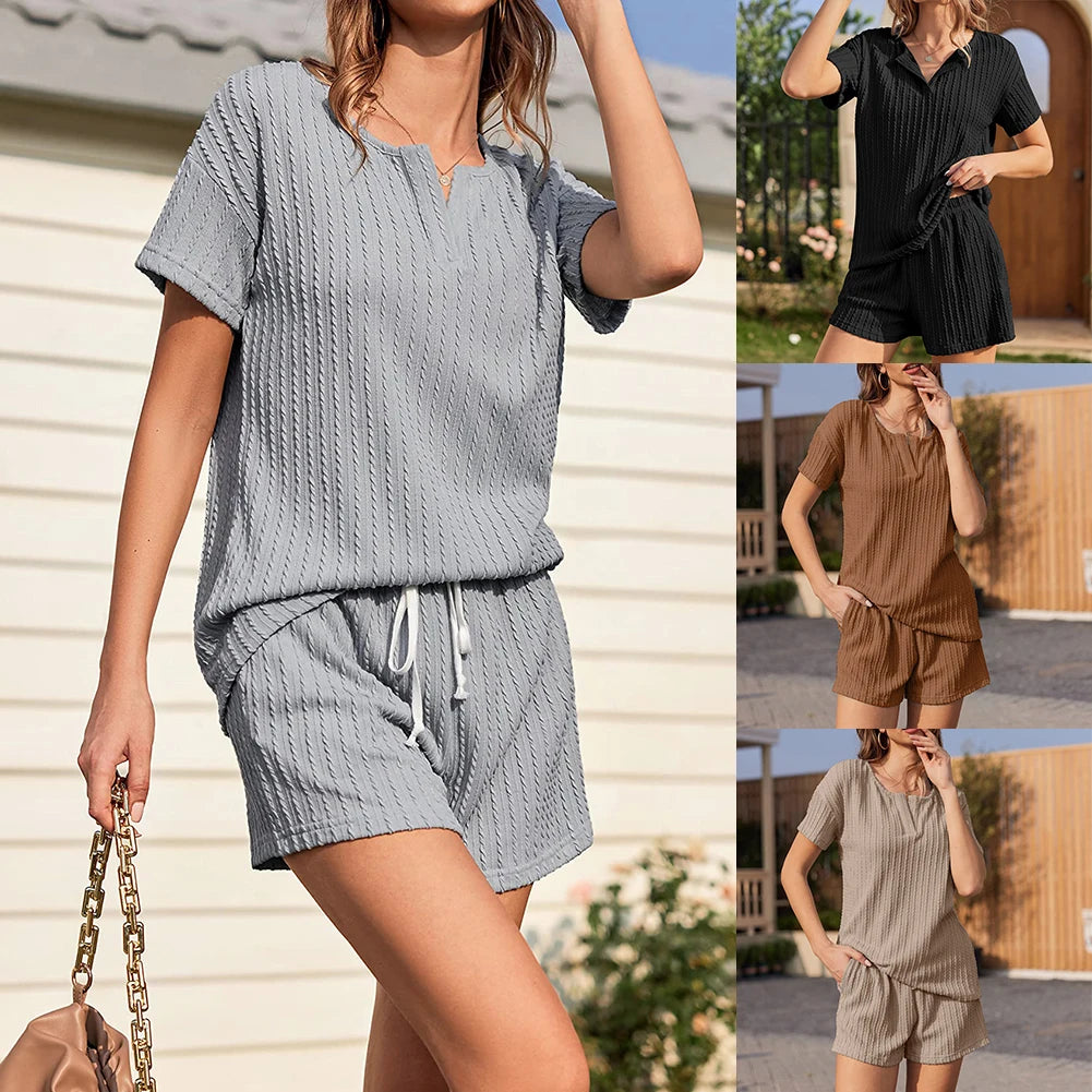 V Neck Short Sleeve Top Short Pants Women 2 Piece Lounge Sets Solid Color Drawstring Waist with Pockets
