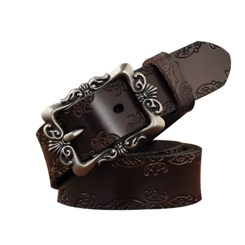 Ladies' PU belt retro carved flower belt, light luxury charming style, needle buckle simple belt