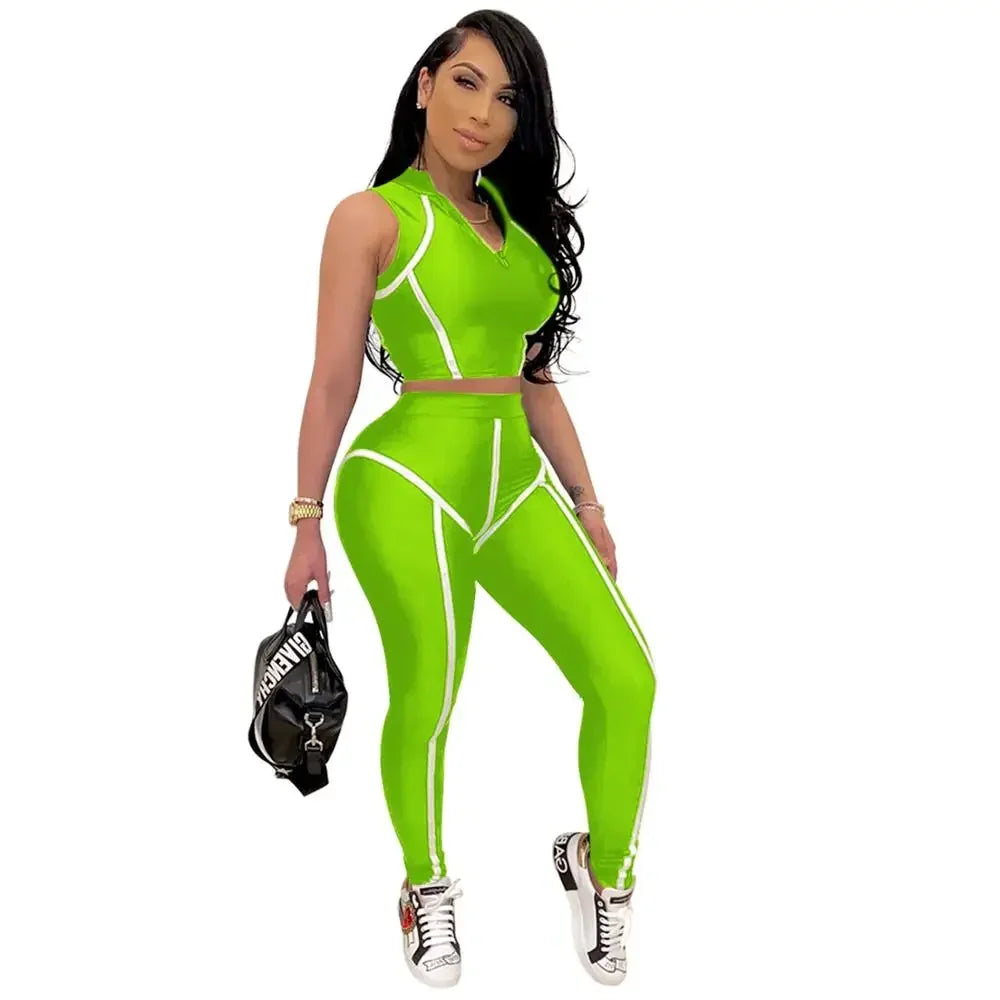 Women Sets Summer Tracksuits Slim Sleeveless Skinny Crop Tops + Pants Suit Two Piece Set