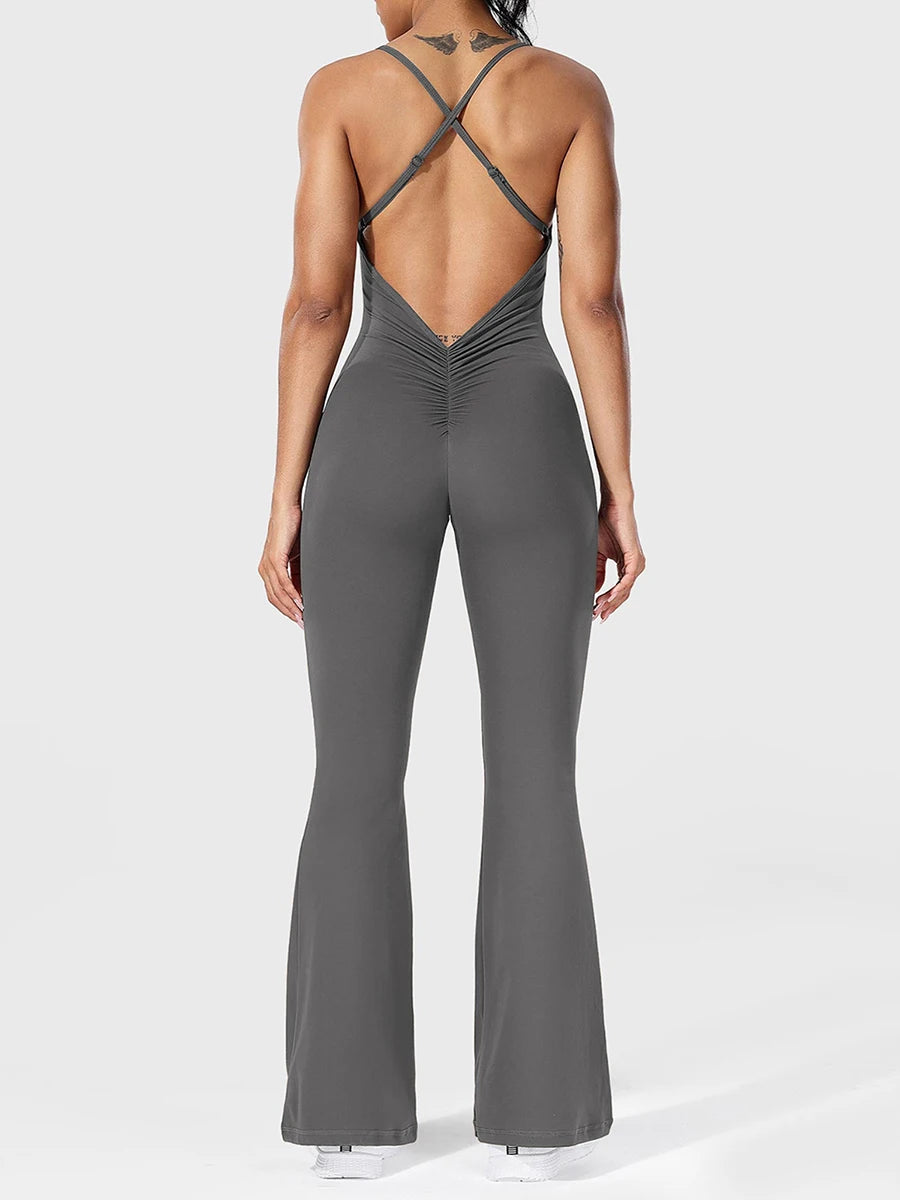 Elegant V-Neck Sleeveless Jumpsuits Women High Waist Wide Leg Pants  Backless Cross Strap