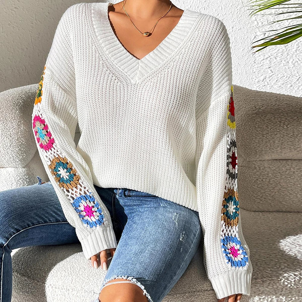Elegant Solid Color Sweater With Embroidery Design, Unique Cuff Detail, Suitable For All Occasions