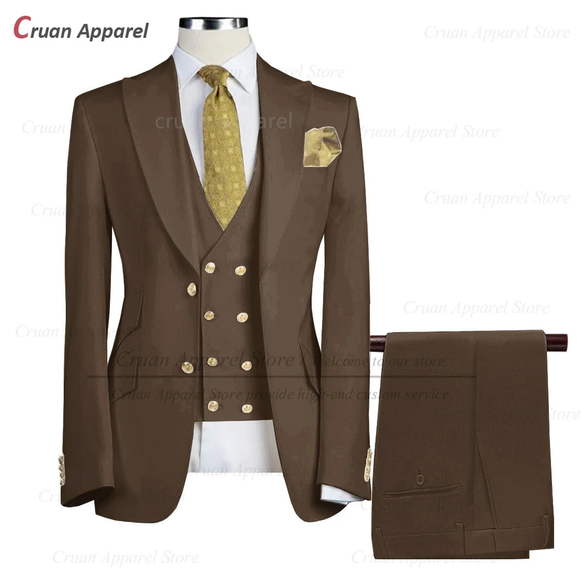 Tailor-made Brand Suits for Men Slim fit Prom Wedding Groom Tuxedo Set Party Gold Buttons Blazer Vest Pants 3 Pieces