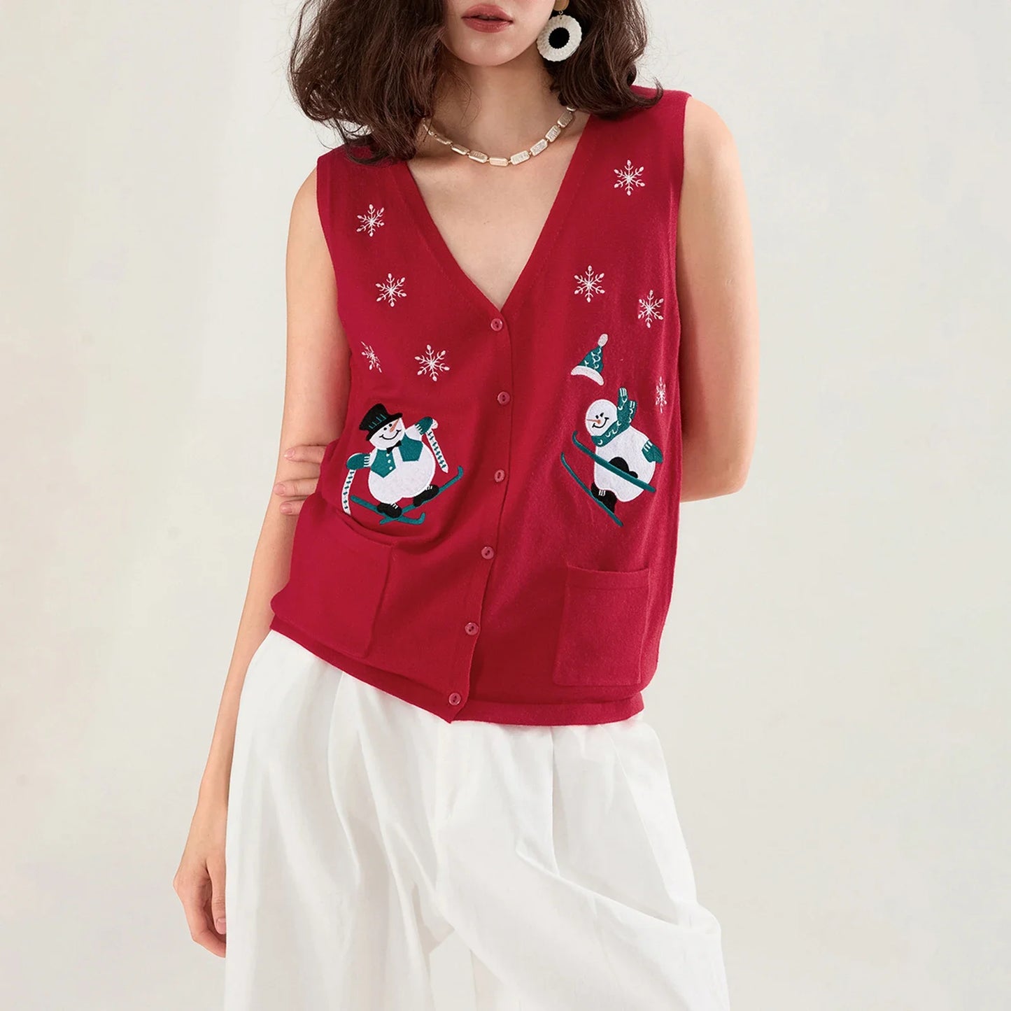 Women Christmas Knit Vest Top Embroidery Sleeveless Button Down Sweater Vest  Cardigans