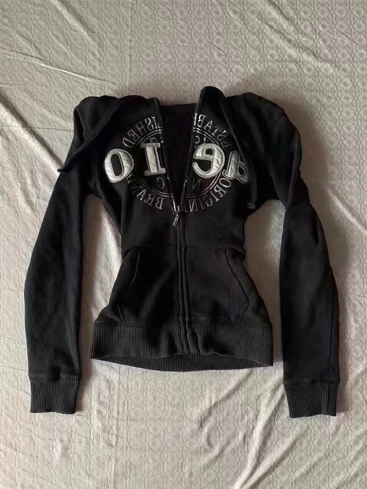 Retro Jacket Retro Design Black Hoodie Women's Casual Hoodie Multifunctional Sweatshirt
