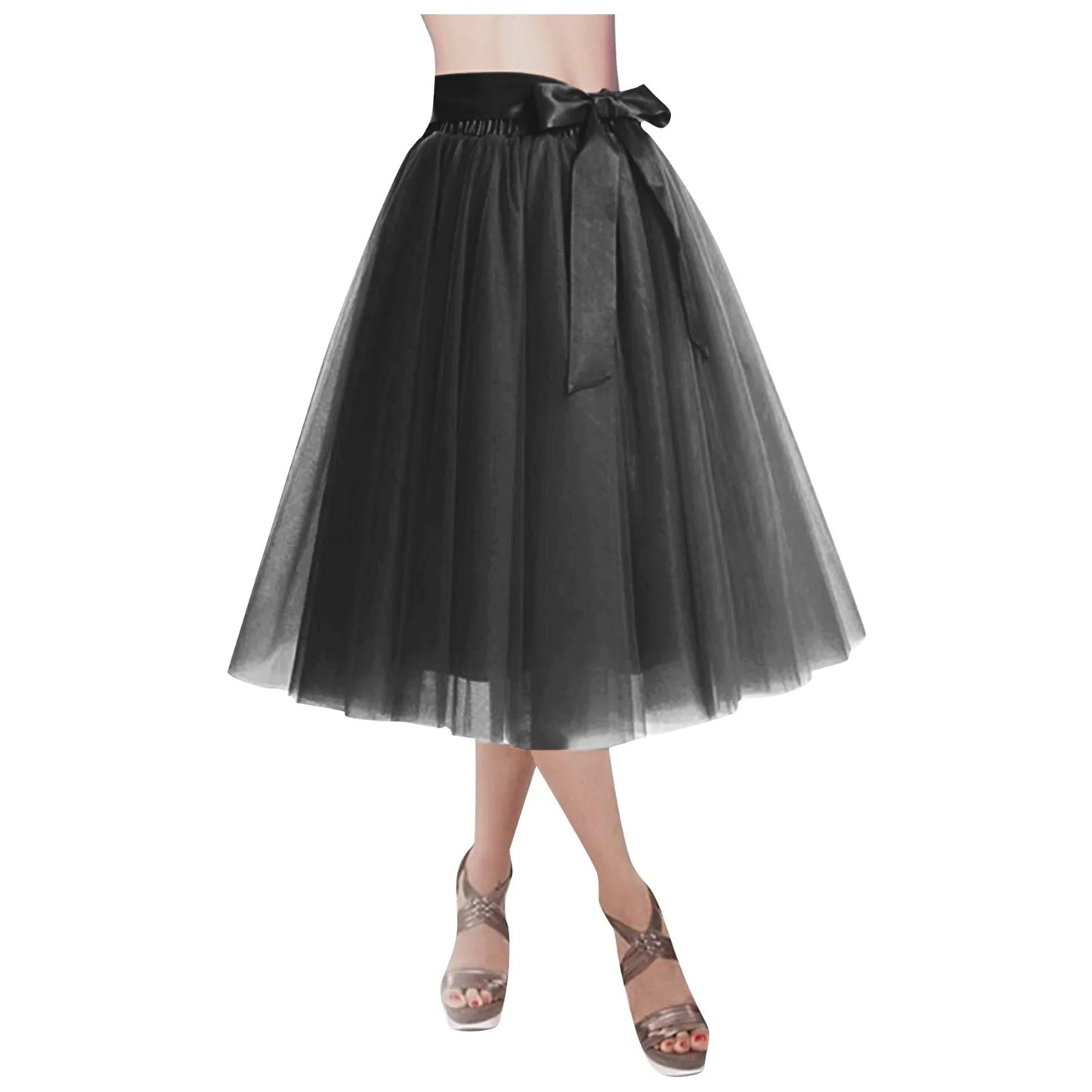Women's Knee Length Mesh  Skirt Solid Color Elegant Elastic High Waist A-Line Petticoat