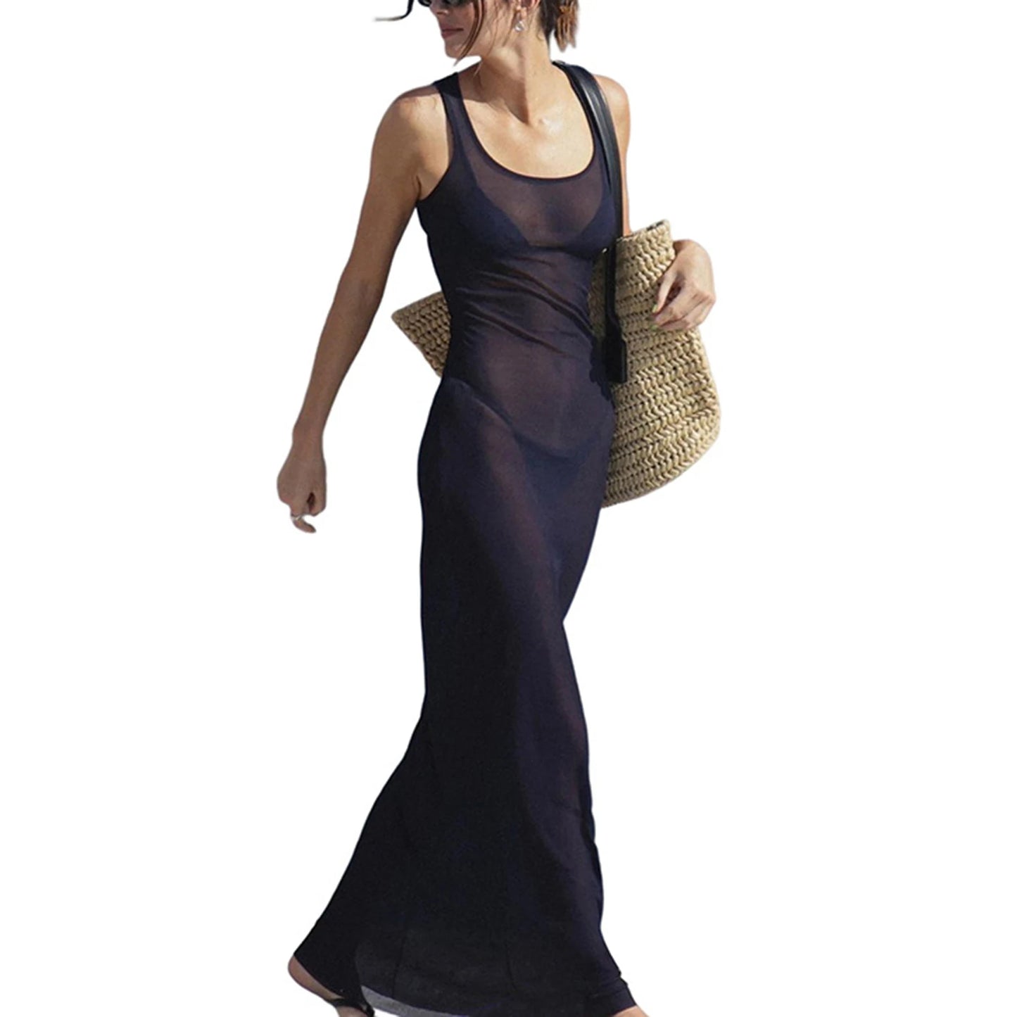 Lace Trimmed Sheer Mesh Nightgown with Adjustable Straps and V-Neckline  Lingerie Dress