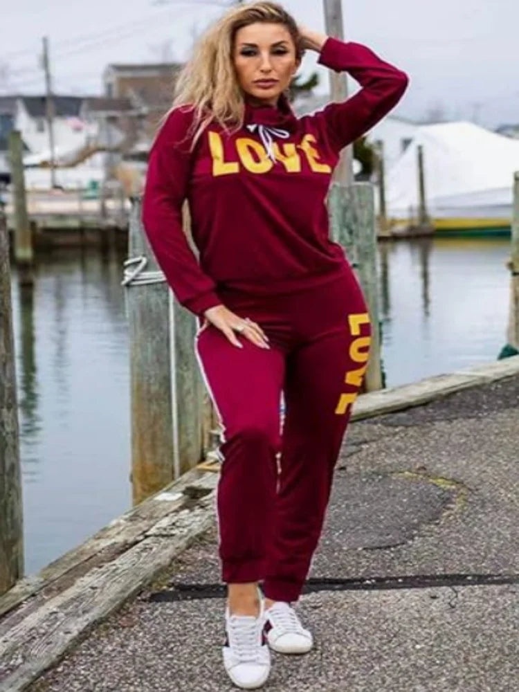 Women Two Piece  Round Neck Pullover Top with Long Pants Casual Outfit