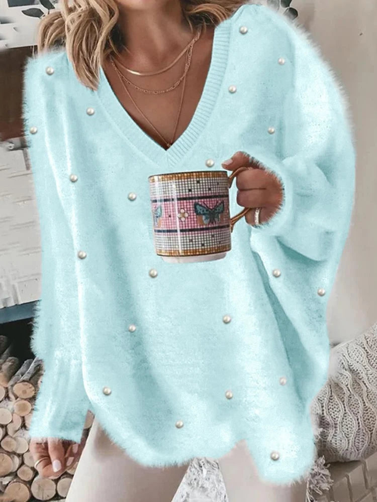 Women's Pullover Sweater Jumper Ribbed Knit Oversized Solid Color V Neck Stylish Casual Outdoor Daily Fall Winter