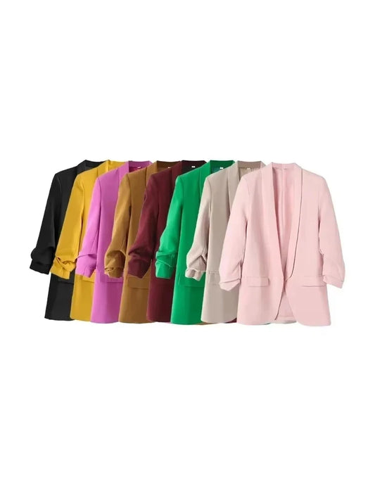 Fashion Office Wear Open Blazer  Vintage Long Pleated Sleeves Flap Pockets Female Outerwear Chic Tops
