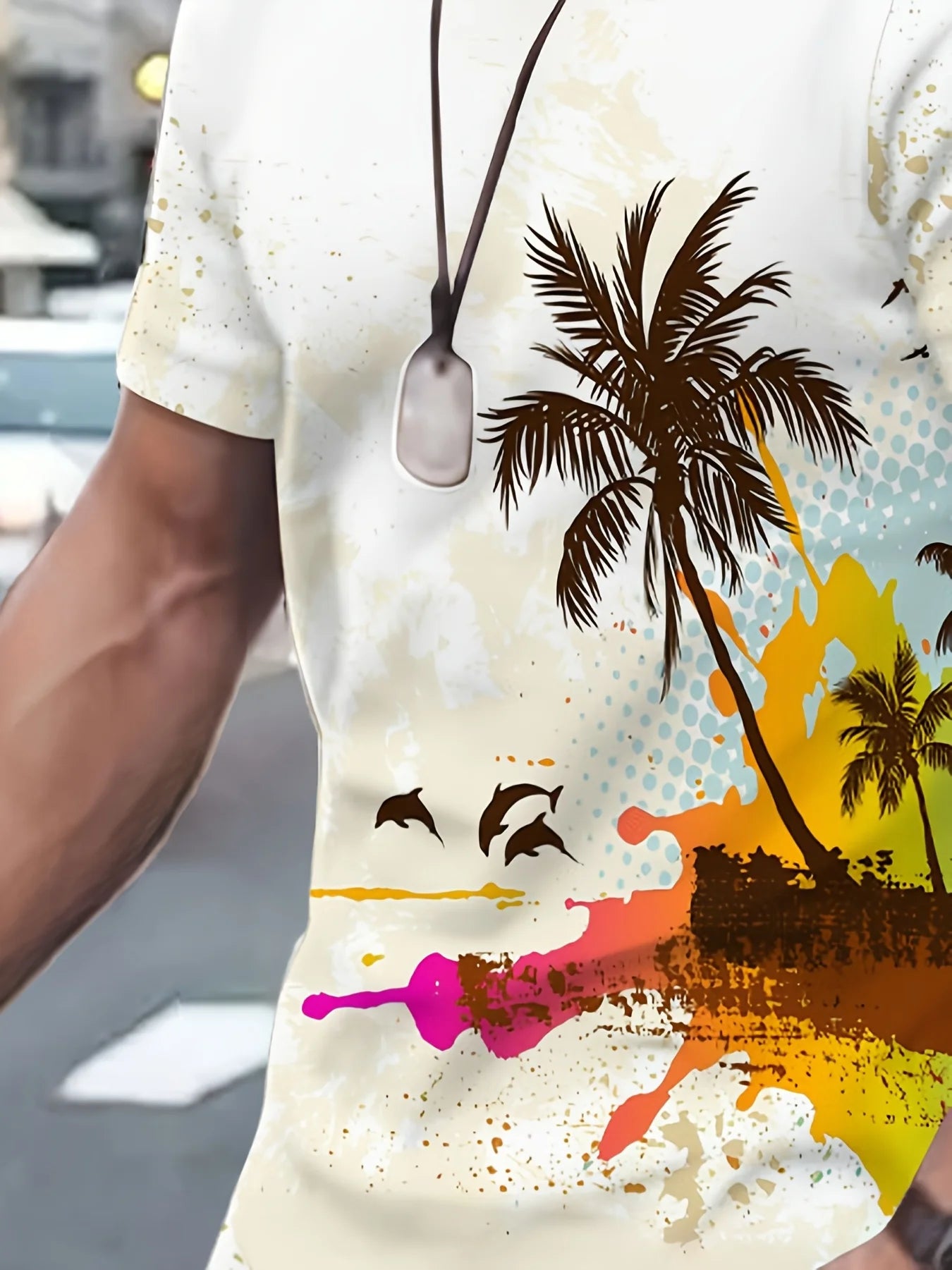 Summer men's casual short-sleeved suit with coconut tree sailboat print, casual and fashionable streetwear with shorts