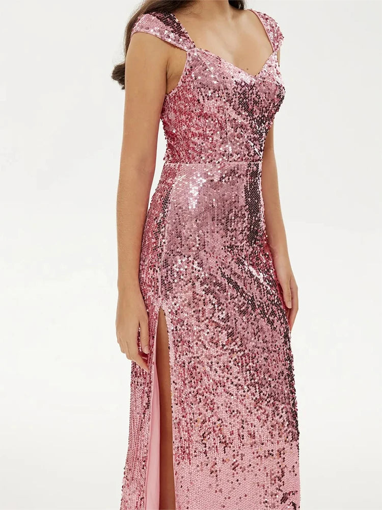 Cocktail  Off The Shoulder Sleeveless Pink Sequin Dress