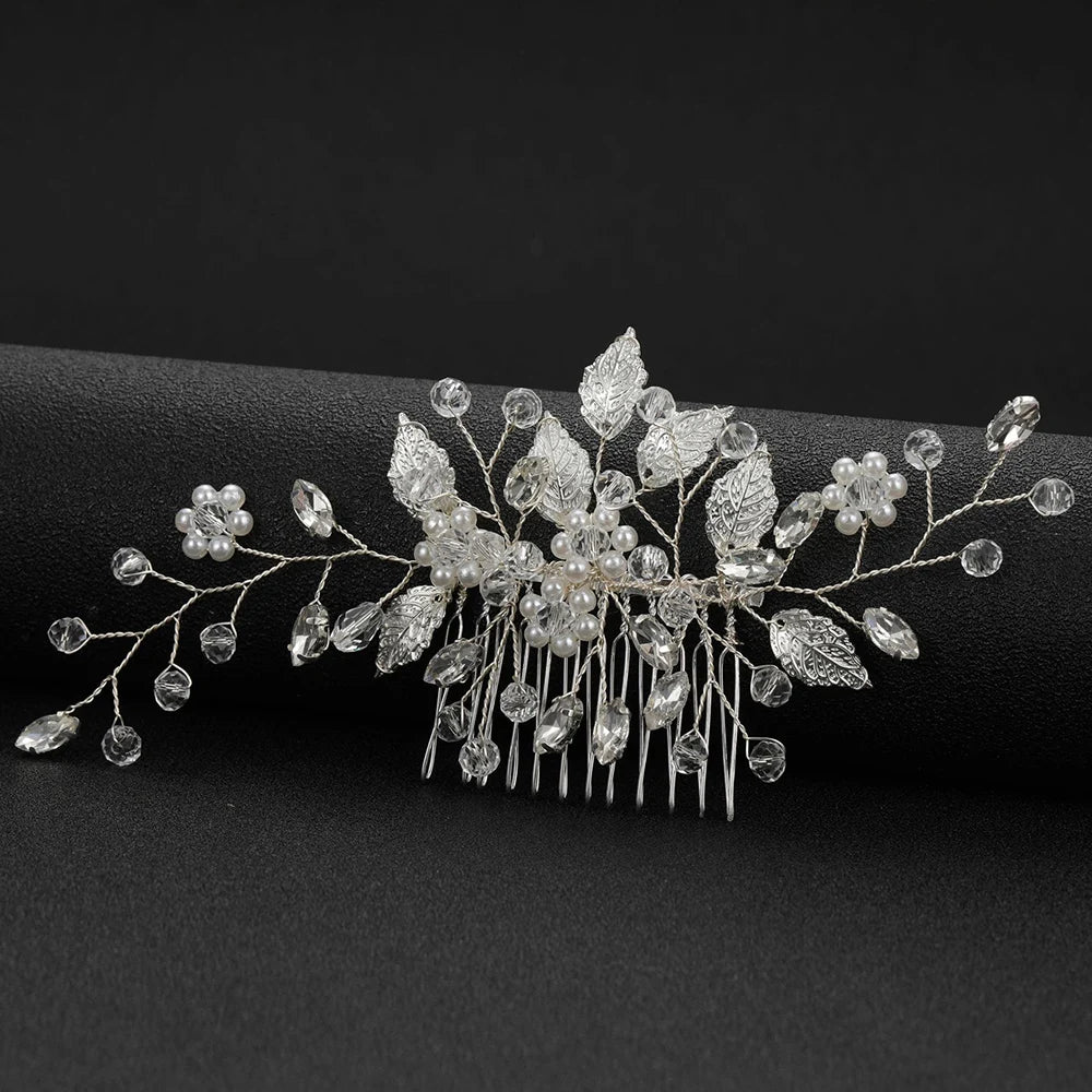 Crystal Pearl Hair Comb Clip Pin Alloy Leaf Hair Comb Handmade Headband For Women Bride Wedding Hair Accessories Jewelry