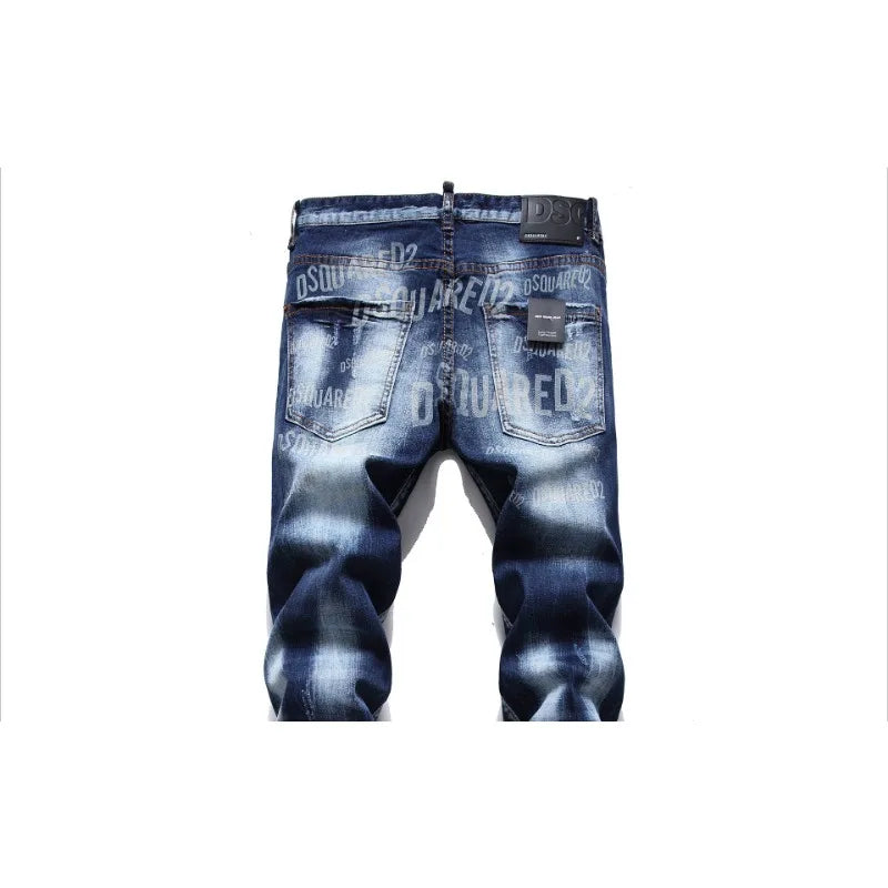 Watermark Button Fly Laser Stereo Cat Beard Blue Cotton Elastic Slim Straight Jeans  Basic Trend Can Be Worn in All Season