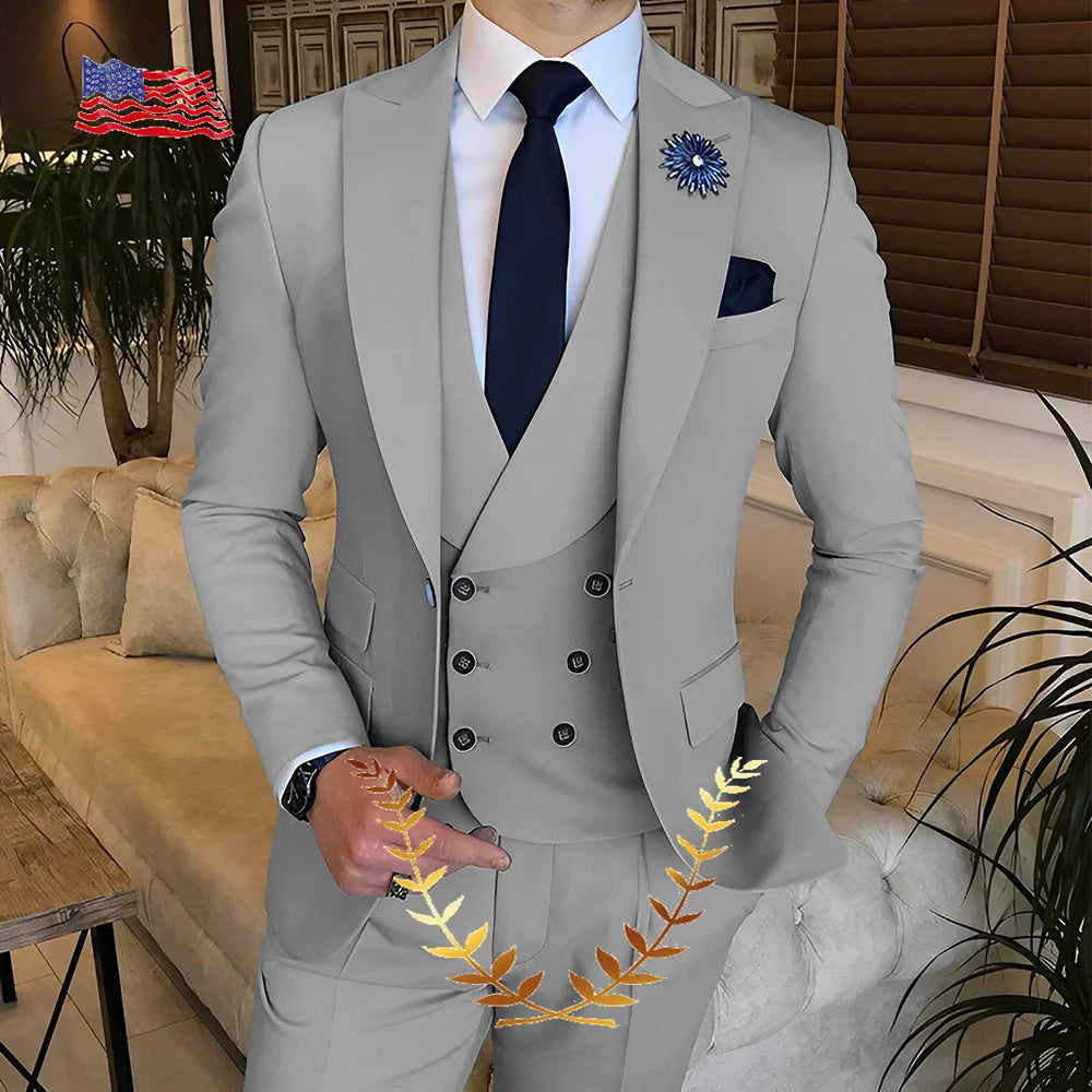 Men's Suit Jacket Pants Vest 3-piece Set Slim Fit Handsome Men Blazer for Party