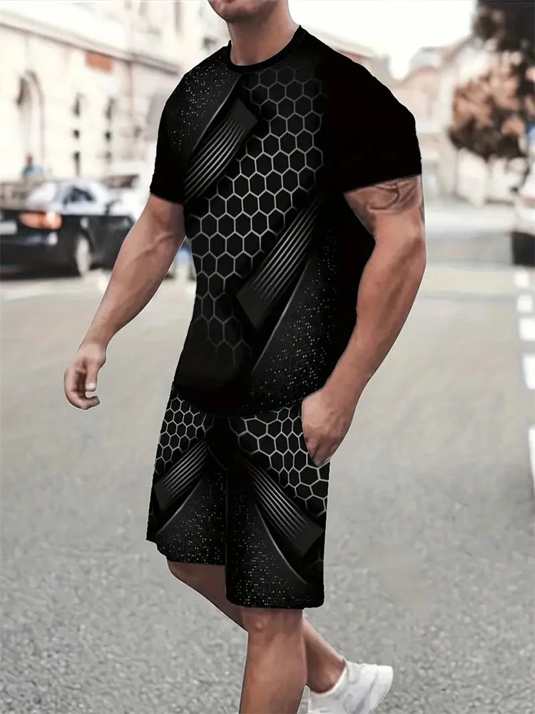Men's Short-sleeved Shorts Suit Summer Fashion Round Neck T-shirt, Shorts Two-piece Street Shooting Casual Clothing