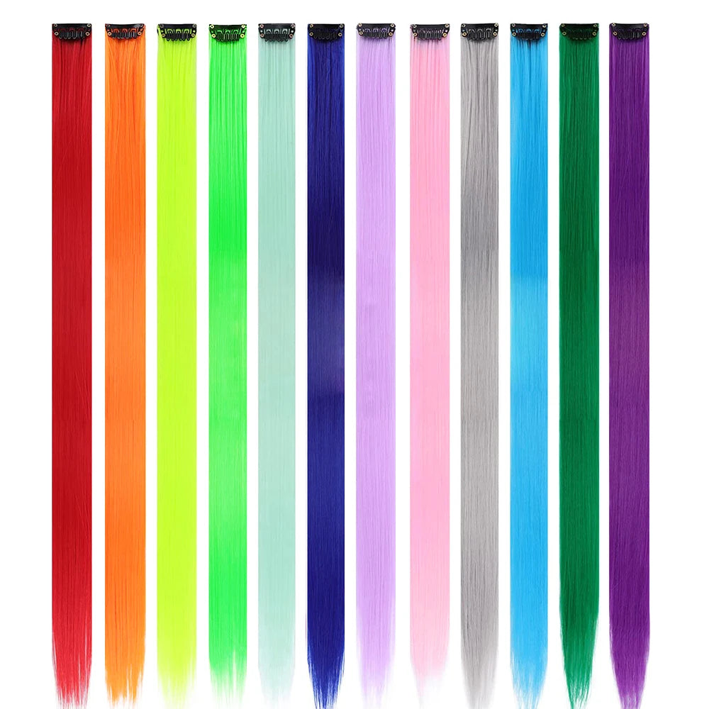 22 inches12pcs/pack Colored Party Synthetic Clip in Hair Extensions  Multi-colors Straight Hair Synthetic Hairpieces