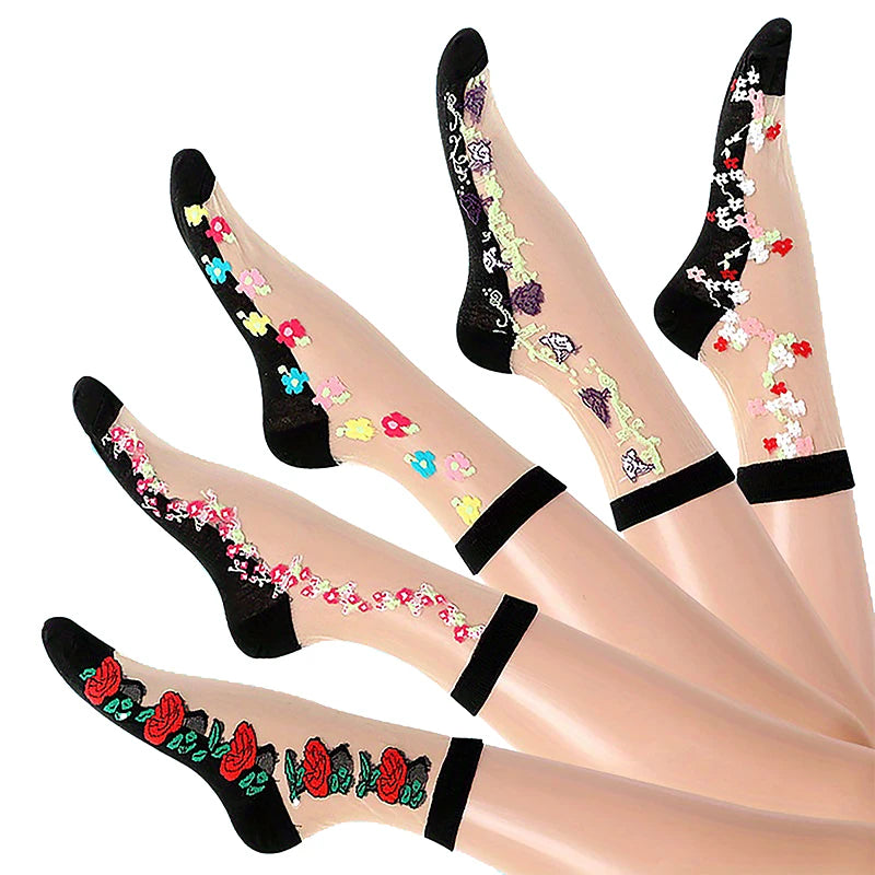 5 Pairs Mesh Floral Print Mid Calf Socks Crystal Glass Short Thin Socks Women's Stockings Hosiery