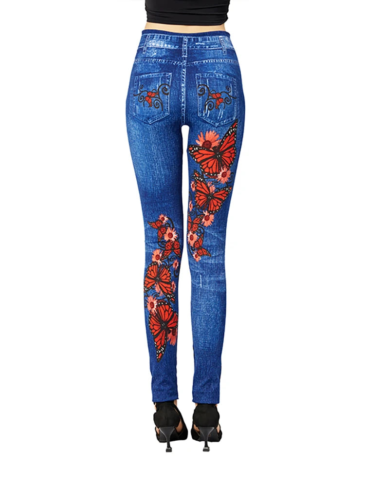 Leggings High Waist Elastic Butterfly Printed Pencil Pants Faux Denim Leggings