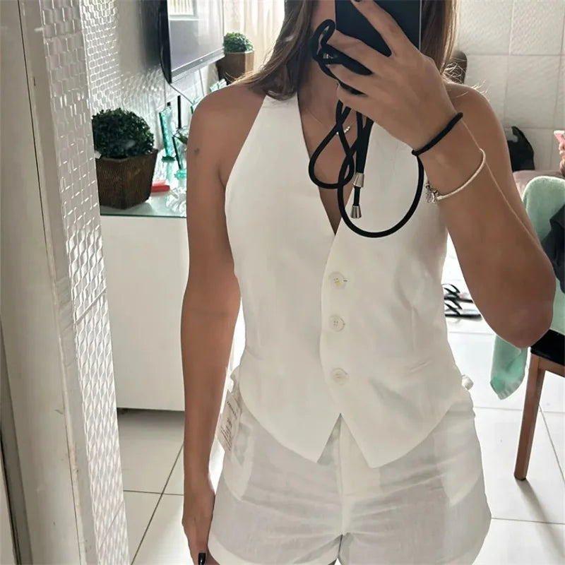 Off Shoulder Sleeveless Vest Women Cropped Vest Woman Fashion Backless V Neck Short Halter Summer Waistcoat