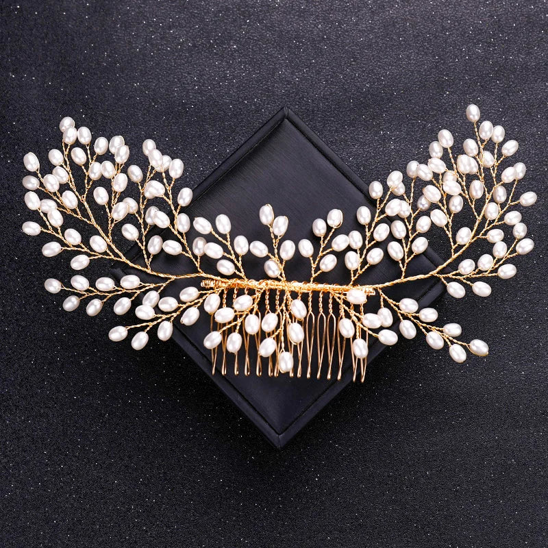 Gold Color Crystal Pearl Hair Comb Headband For Women Bride Party Bridal Wedding Hair Accessories Jewelry Comb Headband