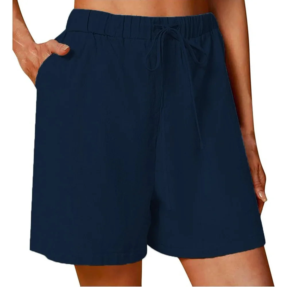 Women's Summer Casual Shorts Drawstring Solid Color Cotton Linen Short Pants Female Loose Straight